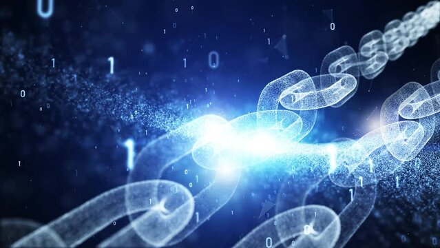 Digital chain technology with binary code animation.