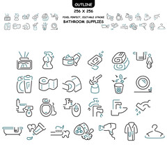 a set of linear icons of bathroom supplies, personal hygiene. lines of two colors. in the set: liquid soap, washcloth, shampoo, toilet brush and others. browser icons. 256x256 pixel perfect, editable 