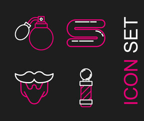 Set line Classic Barber shop pole, Mustache and beard, Towel and Aftershave bottle with atomizer icon. Vector
