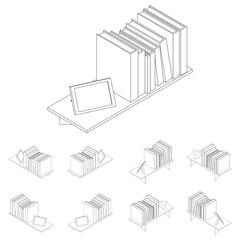 Bookshelf line. A large set of vector images in isometric. Wooden shelf with books and photo frame. Kit for games from different angles. Room interior design. Vector illustration in cartoon style.