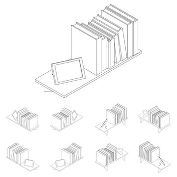 Bookshelf line. A large set of vector images in isometric. Wooden shelf with books and photo frame. Kit for games from different angles. Room interior design. Vector illustration in cartoon style.