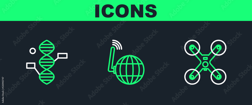 Sticker Set line Drone flying, DNA symbol and Social network icon. Vector