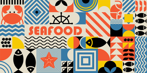 Seafood background in Bauhaus style. Geometric poster with abstract geometry Bauhaus swiss. Fish, crab, shrimp, caviar in futuristic minimal shapes, forms