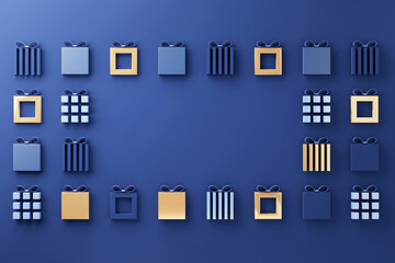 Minimal Gift box design on blue and gold background, for Christmas, copy space. 3d render.