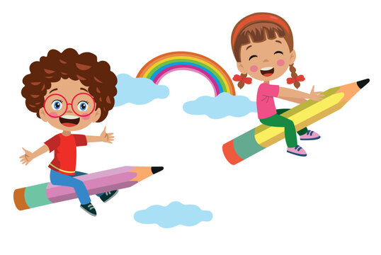 kids flying with rainbow pencils