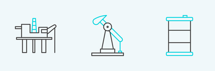 Set line Barrel oil, Oil platform in the sea and pump pump jack icon. Vector
