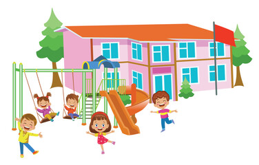 Obraz na płótnie Canvas Happy Kids Playing On Playground Slide And Swing