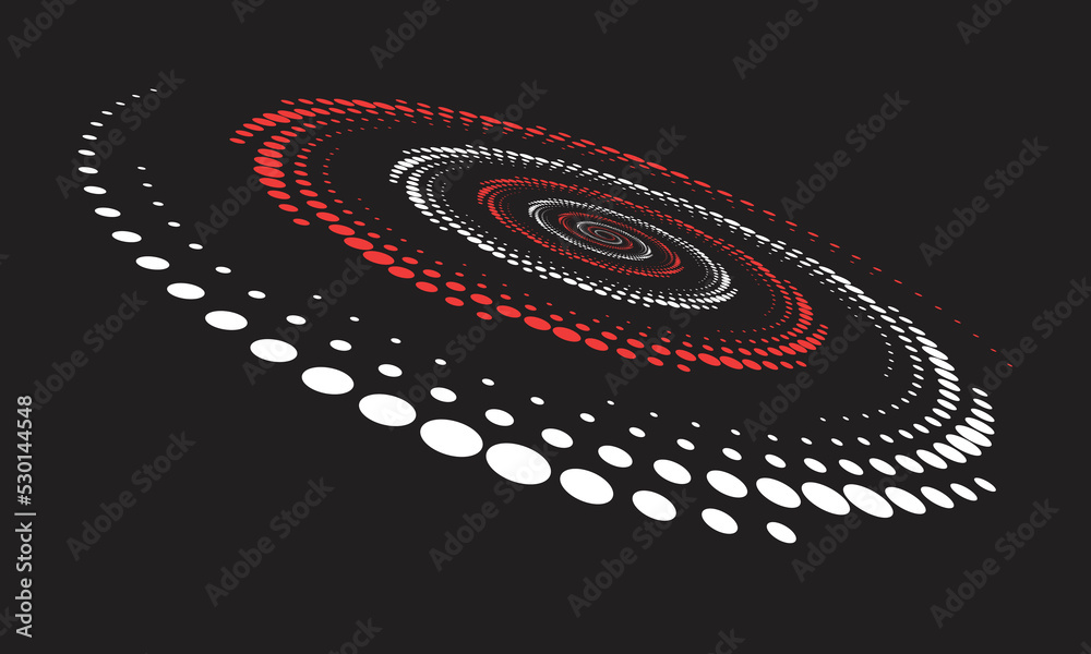 Poster Abstract dotted vector background. Halftone effect with red and white dots. Spiral dotted background or icon. Yin and yang style. Vector with perspective.