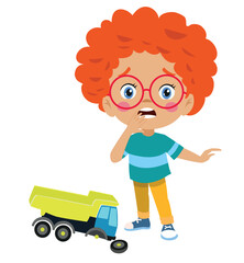 sad worried boy with broken toy car wheel