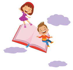 cute and happy kids flying on clouds with book