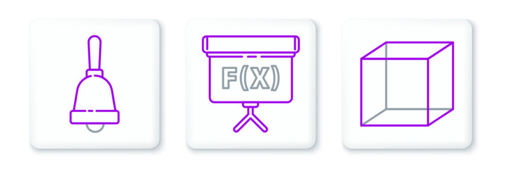 Set line Geometric figure Cube, Ringing bell and Chalkboard icon. Vector