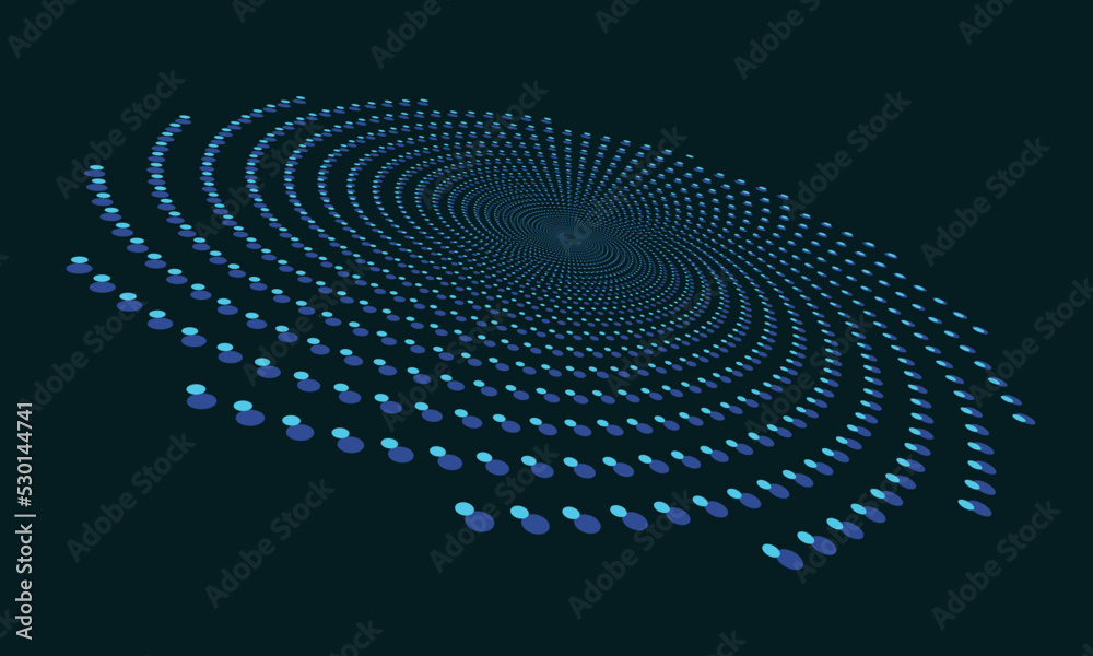 Poster perspective view to blue abstract halftone dotted circle. spiral universe concept.