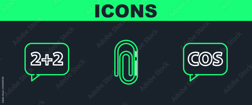 Sticker set line mathematics function cosine, equation solution and paper clip icon. vector