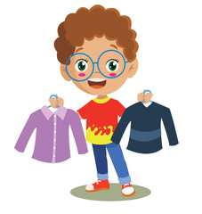 Cute Boy Choosing Clothes. Which One To Choose