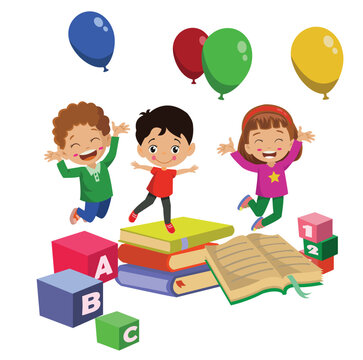 books cubes balloons classroom and happy kids