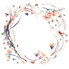 Watercolor autumn fall floral flowers herbal wreath transparent background with butterflies