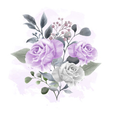 Set of watercolor floral frame bouquets of navy and purple roses and leaves. Botanic decoration illustration for wedding card, fabric, and logo composition