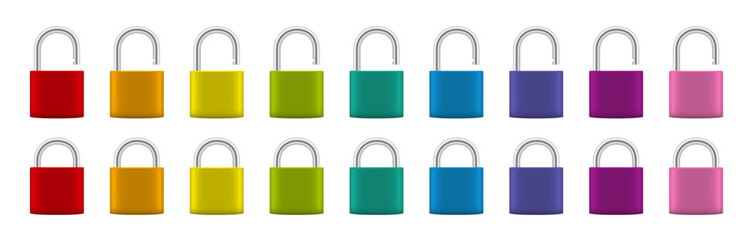 Naklejka premium Padlocks, colorful set with locked and unlocked shackle, rainbow colored collection of steel security device - unlabeled, blank surface. Isolated vector illustration on white background. 