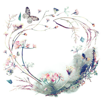 Watercolor autumn fall floral flowers herbal wreath transparent background with butterflies