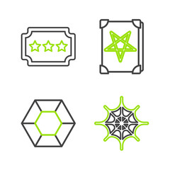 Set line Spider web, Magic stone, Ancient magic book and Ticket icon. Vector