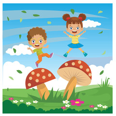 Obraz na płótnie Canvas happy kids jumping on red cute mushrooms