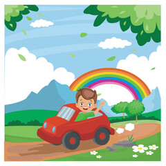 Obraz na płótnie Canvas cute boy with red car in rainbow scenery