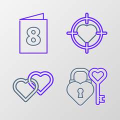 Set line Castle and key in heart shape, Two Linked Hearts, the center of target aim and Greeting card with 8 March icon. Vector