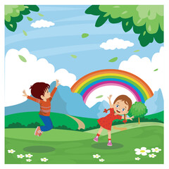 Obraz na płótnie Canvas happy boy and girl jumping under rainbow