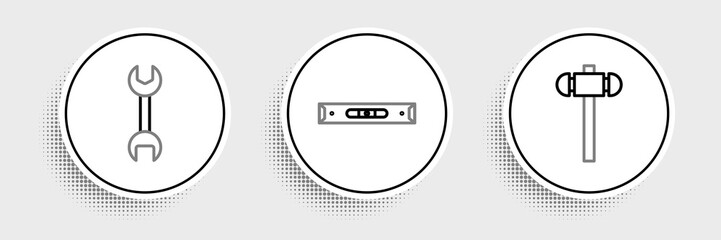 Set line Sledgehammer, Wrench spanner and Construction bubble level icon. Vector