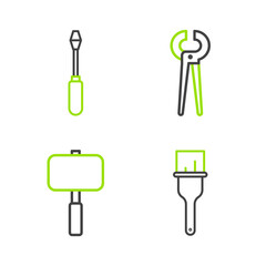 Set line Paint brush, Sledgehammer, Pincers and pliers and Screwdriver icon. Vector
