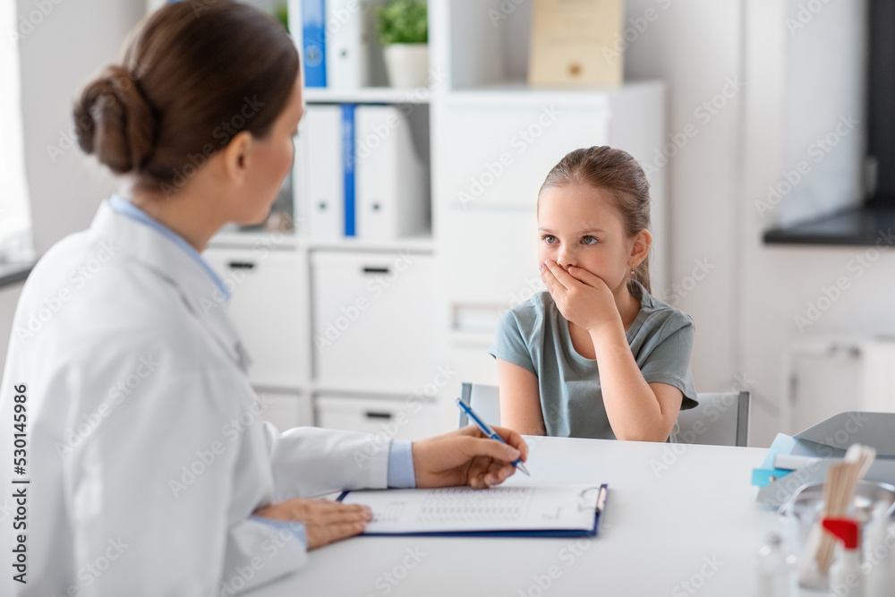 Sticker medicine, healthcare and pediatry concept - female doctor or pediatrician with clipboard and coughin