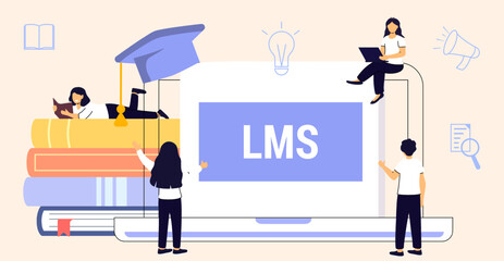 LMS Learning Management System software application concept Educational online training for skill administration, documentation, tracking, reports and delivery Piles of textbooks Vector illustration