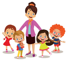 happy teacher and students in classroom