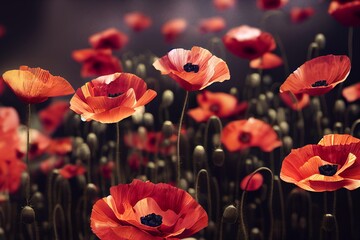 Poppy field. Remembrance day concept. Neural network generated art. Digitally generated image. Not...