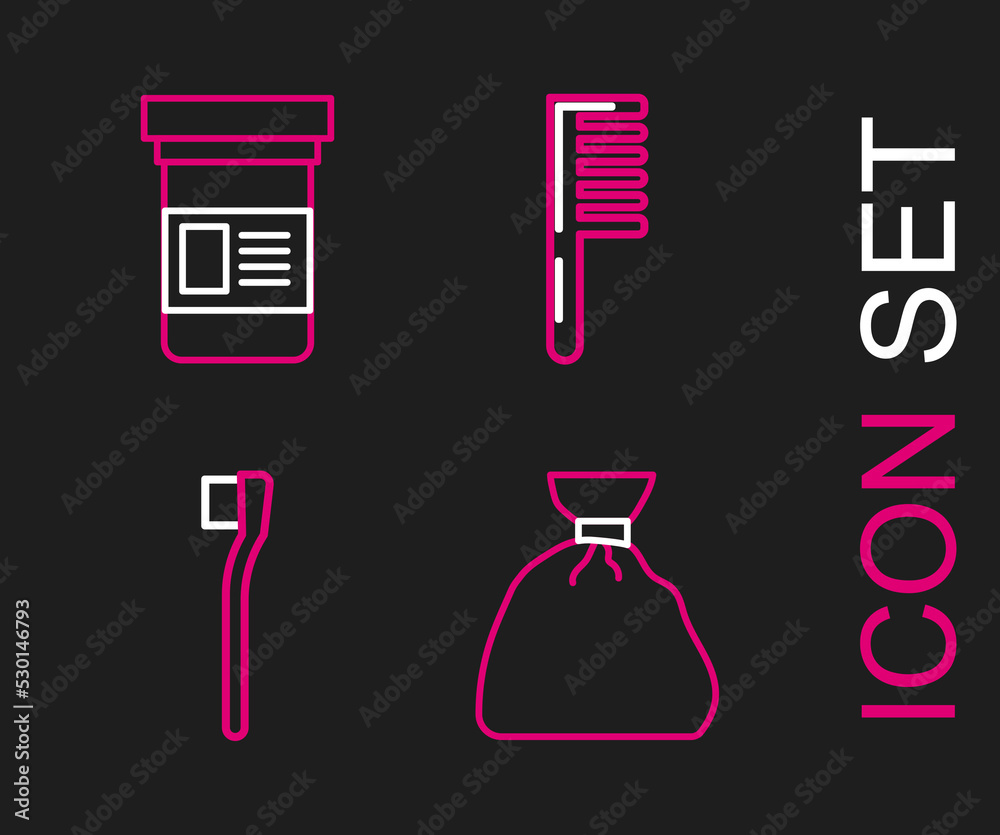 Sticker set line garbage bag, toothbrush, hairbrush and medicine bottle icon. vector