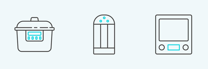 Set line Electronic scales, Slow cooker and Salt icon. Vector