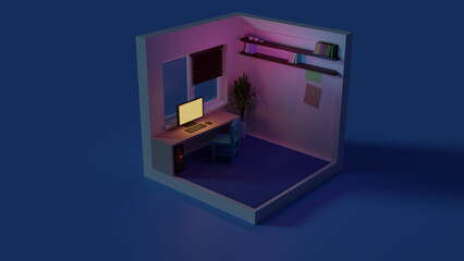 3d illustration of a low poly room, computer on the table near the window,flowerpot on the floor, interior,cartoon design, blur.