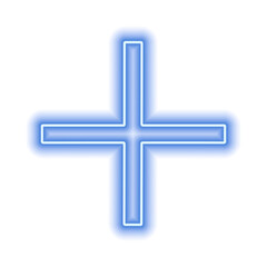 Blue neon cross isolated on white. One object. Plus sign