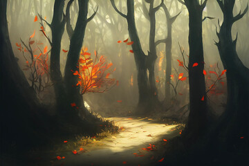 misty autumn forest illustration