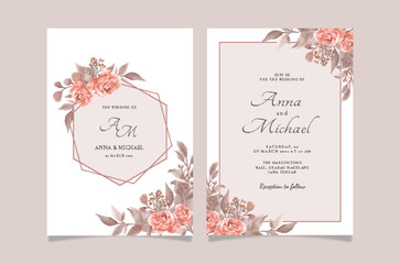 Obraz na płótnie Canvas Set of card with peach flower rose and leaves. Wedding ornament concept. Floral poster invitation. Vector decorative greeting card or invitation design background.