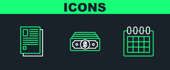 Set line Calendar, File document and Stacks paper money cash icon. Vector