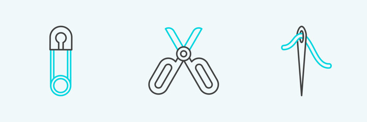Set line Needle for sewing with thread, Classic closed steel safety pin and Scissors icon. Vector