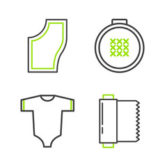 Set line Textile fabric roll, Baby clothes, Round adjustable embroidery hoop and Sewing Pattern icon. Vector