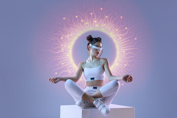 Woman in futuristic sport costume. Augmented reality game, future technology, AI concept. VR. Neon blue light.