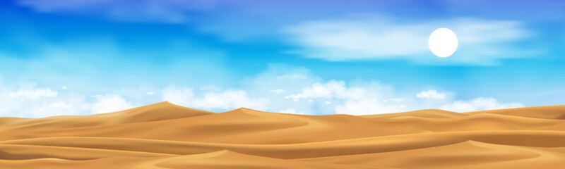 Fototapeta na wymiar Desert landscape with golden sand dunes with fluffy clouds blue sky. Vector cartoon hot dry deserted. Horizon beautiful nature background with yellow sandy hills parallax scene in hot sunny day summer