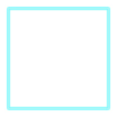 Neon lightning effect. Light blue, turquoise glowing square.  Isolated png illustration, transparent background. Asset for overlay, montage, collage, border or screen filter. Business, tech concept. 