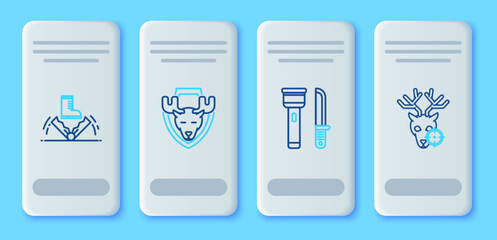 Set line Moose head on shield, Flashlight and knife, Trap hunting and Hunt deer with crosshairs icon. Vector