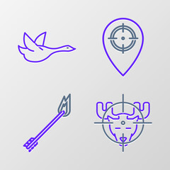 Set line Hunt on moose with crosshairs, Flame arrow, place and Flying duck icon. Vector