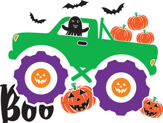 Obraz premium Pumpkin Boo Monster Truck, Halloween Truck, Happy Halloween, Vector Illustration File