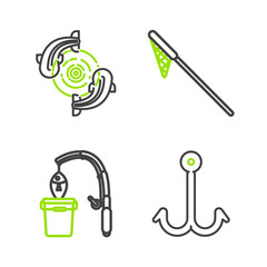 Set line Fishing hook, rod and fish, net and icon. Vector
